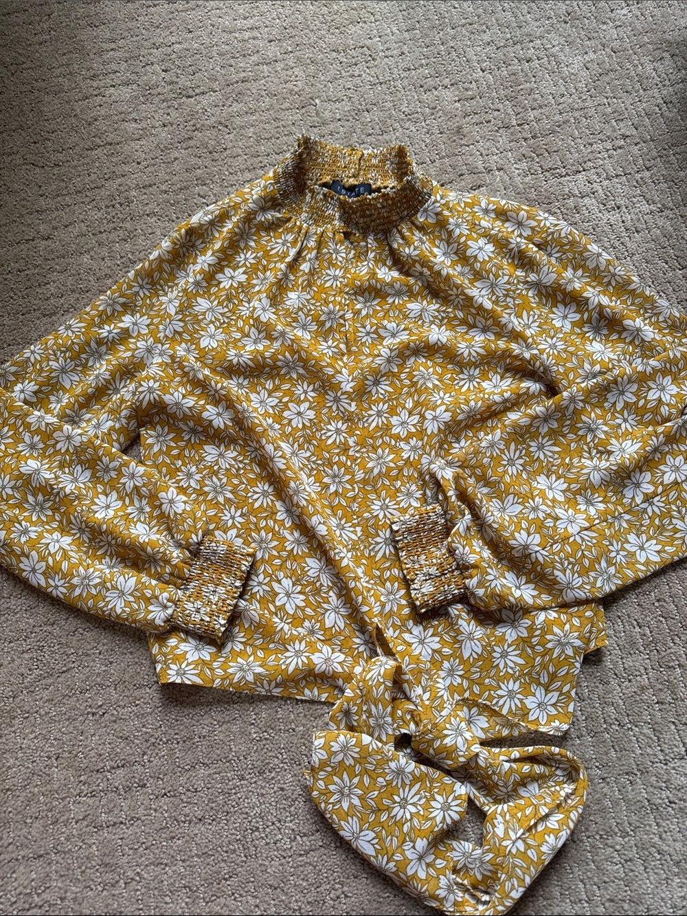 1.STATE Mustard Yellow and White Floral Smocked Top